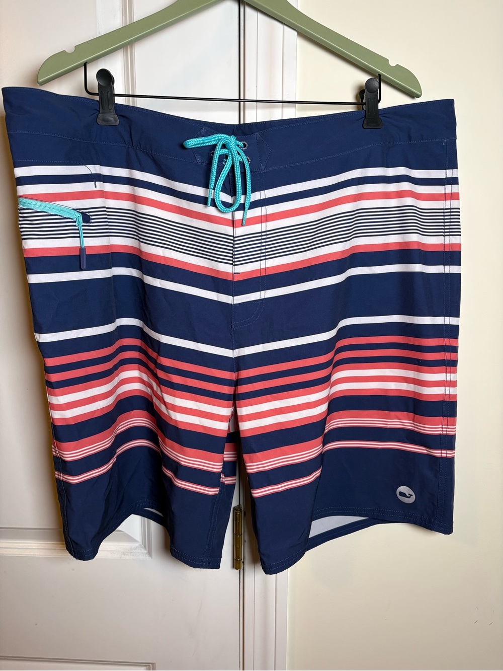 Vineyard Vines Navy Swim Board Shorts with Coral and White Stripes 7”